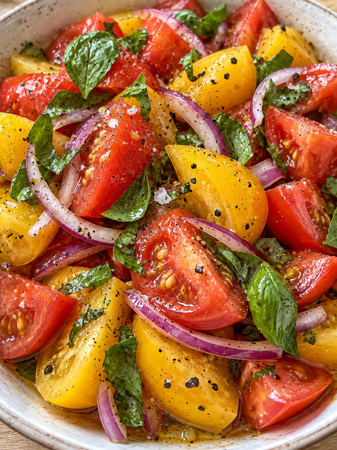 Saftiger Tomatensalat mit Pfeffer, roter Zwiebel und Basilikum