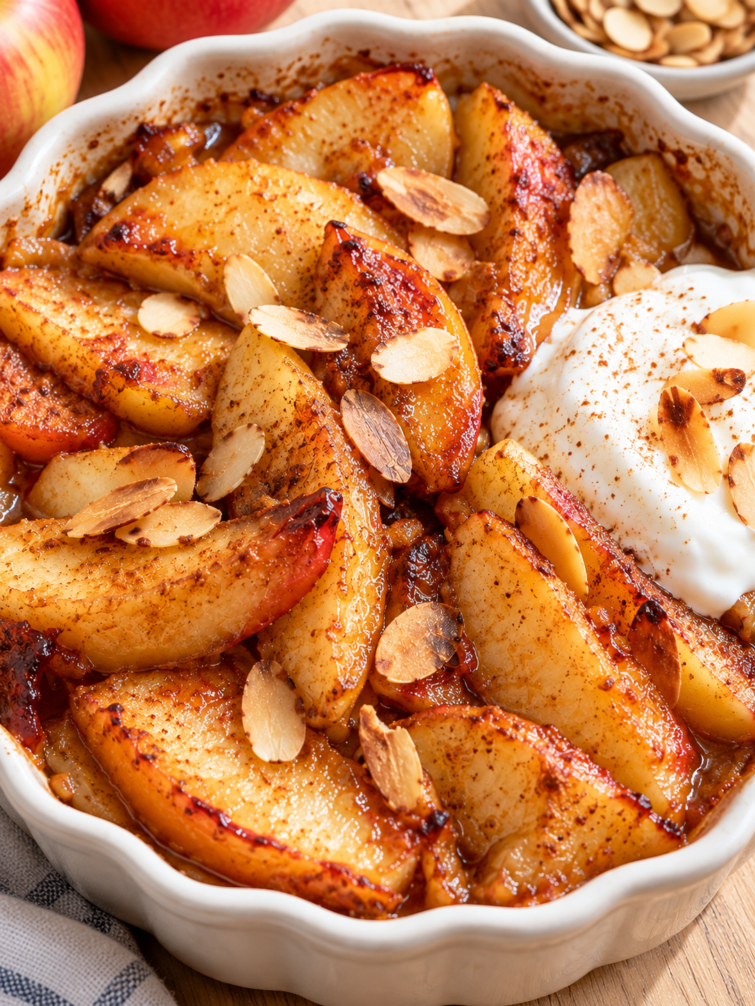 Gebackene Apfelspalten mit Zimt-Sirup und Joghurt