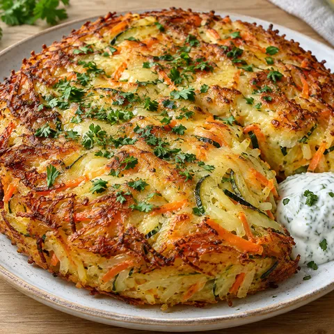 Goldbrauner Kartoffel-Gemüse-Kuchen mit Petersilie und Kräuterquark