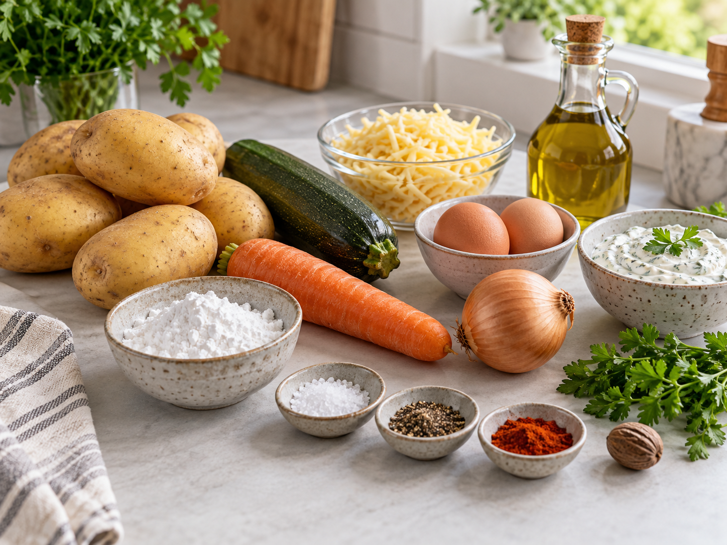 Zutaten für Kartoffel-Gemüse-Kuchen mit Kartoffeln, Gemüse, Ei und Käse
