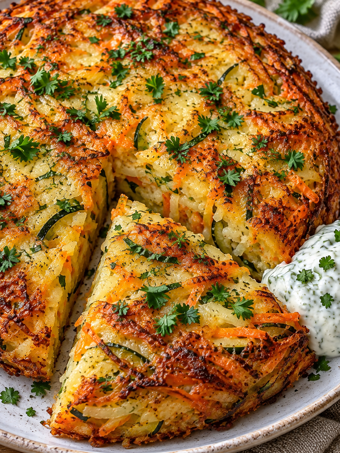 Kartoffel-Gemüse-Kuchen aus geriebenen Kartoffeln mit Petersilie und Quark