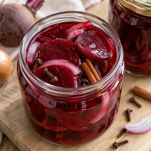Eingelegte Rote Bete in Gläsern mit rubinrotem Sud