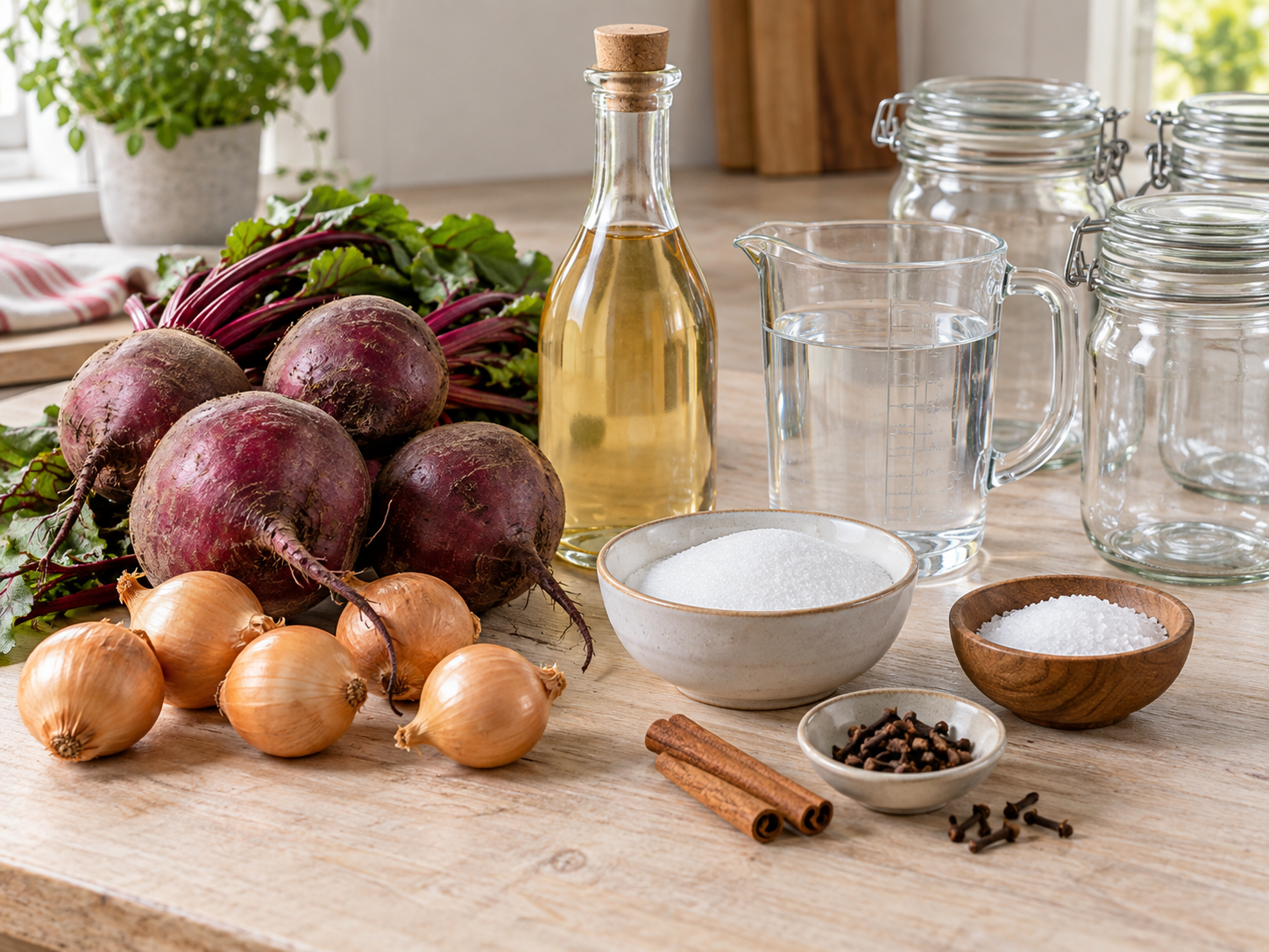 Zutaten für eingelegte Rote Bete mit Essig, Zucker und Gewürzen