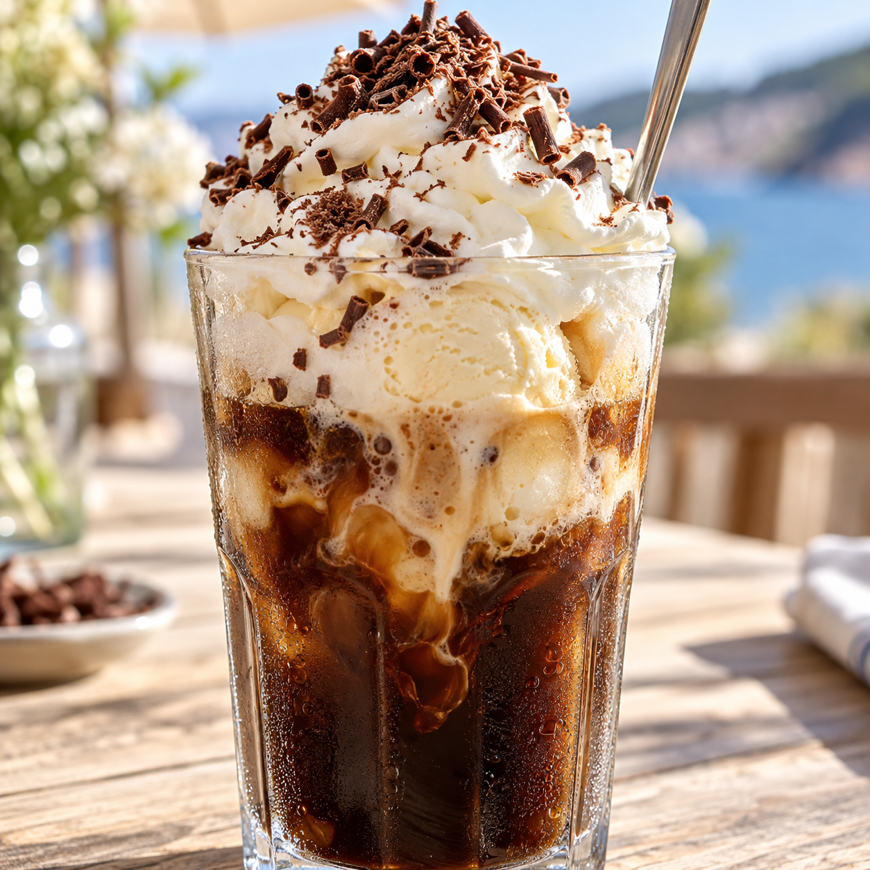 Eiskaffee mit Vanilleeis, Schlagsahne und Schokoraspeln im hohen Glas
