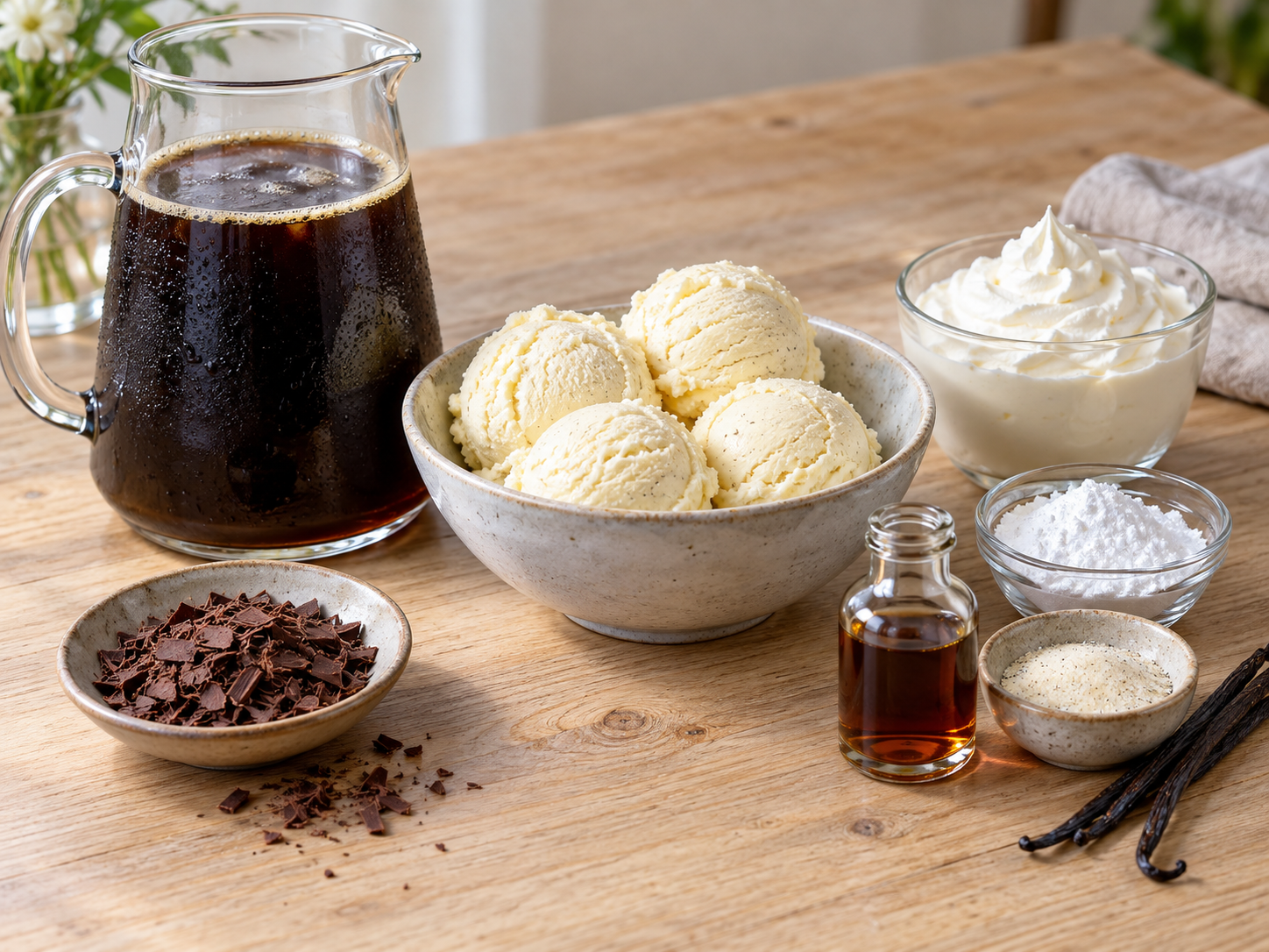Zutaten für Eiskaffee mit Vanilleeis auf hellem Holz