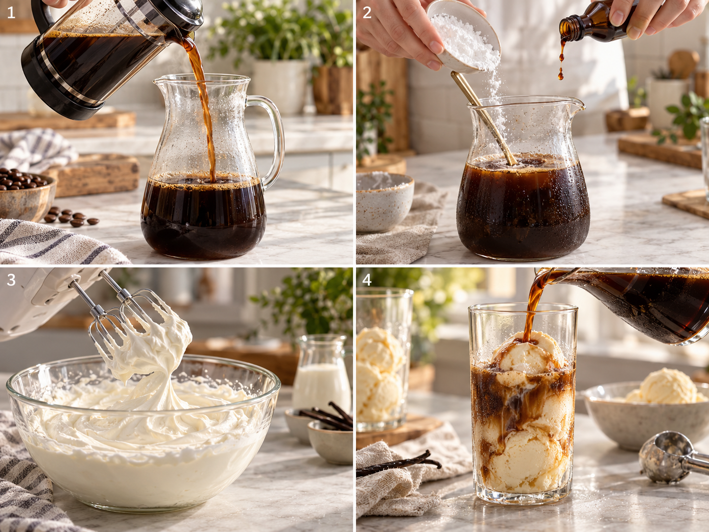 Vier Schritte für Eiskaffee mit Vanilleeis von Kaffee bis Glas