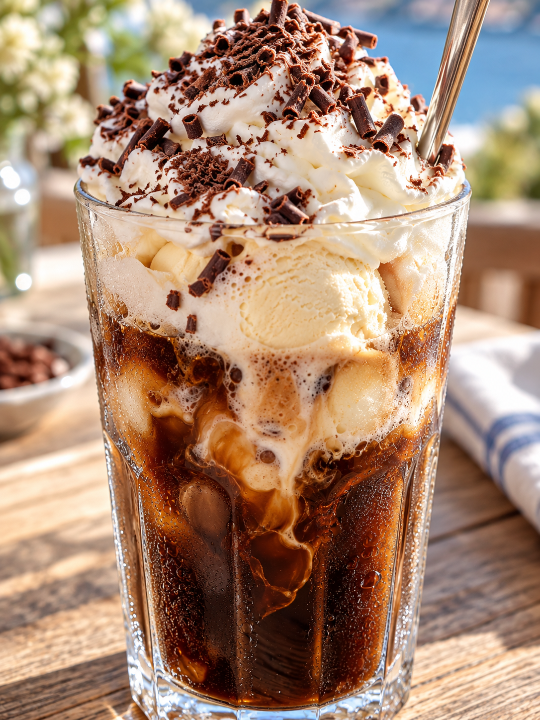 Hoher Eiskaffee mit Vanilleeis, Sahne und Schokoraspeln
