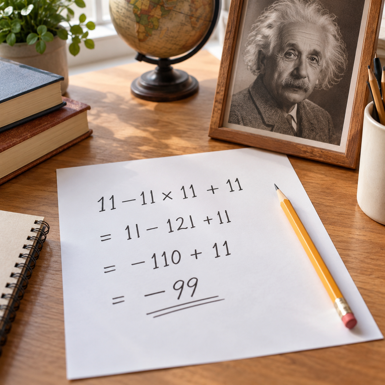 Ein Schreibtisch mit einer Rechenaufgabe, Bleistift und Einstein-inspiriertem Porträt.