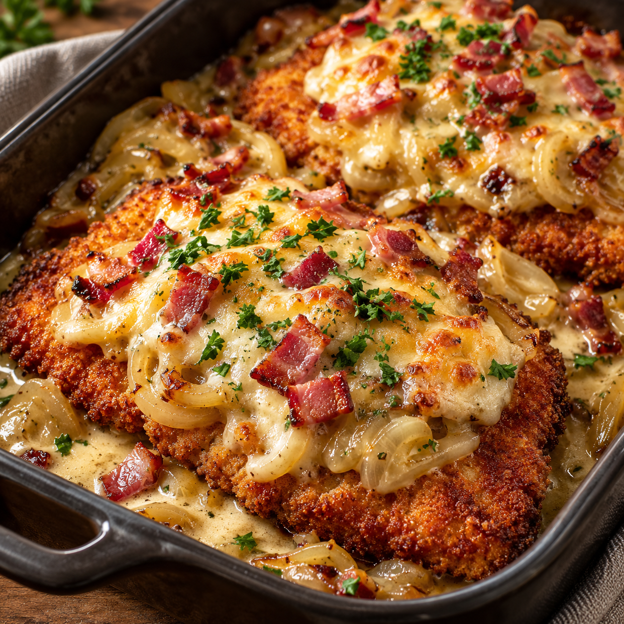 Elsässer Schnitzel mit Speck, Zwiebeln, Käse und Petersilie