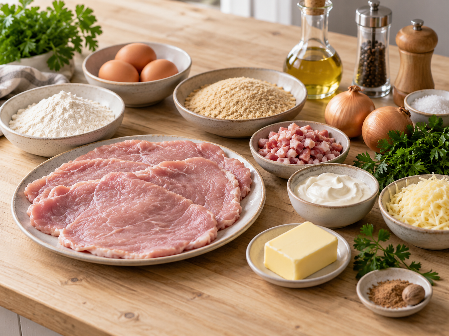 Zutaten für Elsässer Schnitzel mit Speck, Zwiebeln und Käse