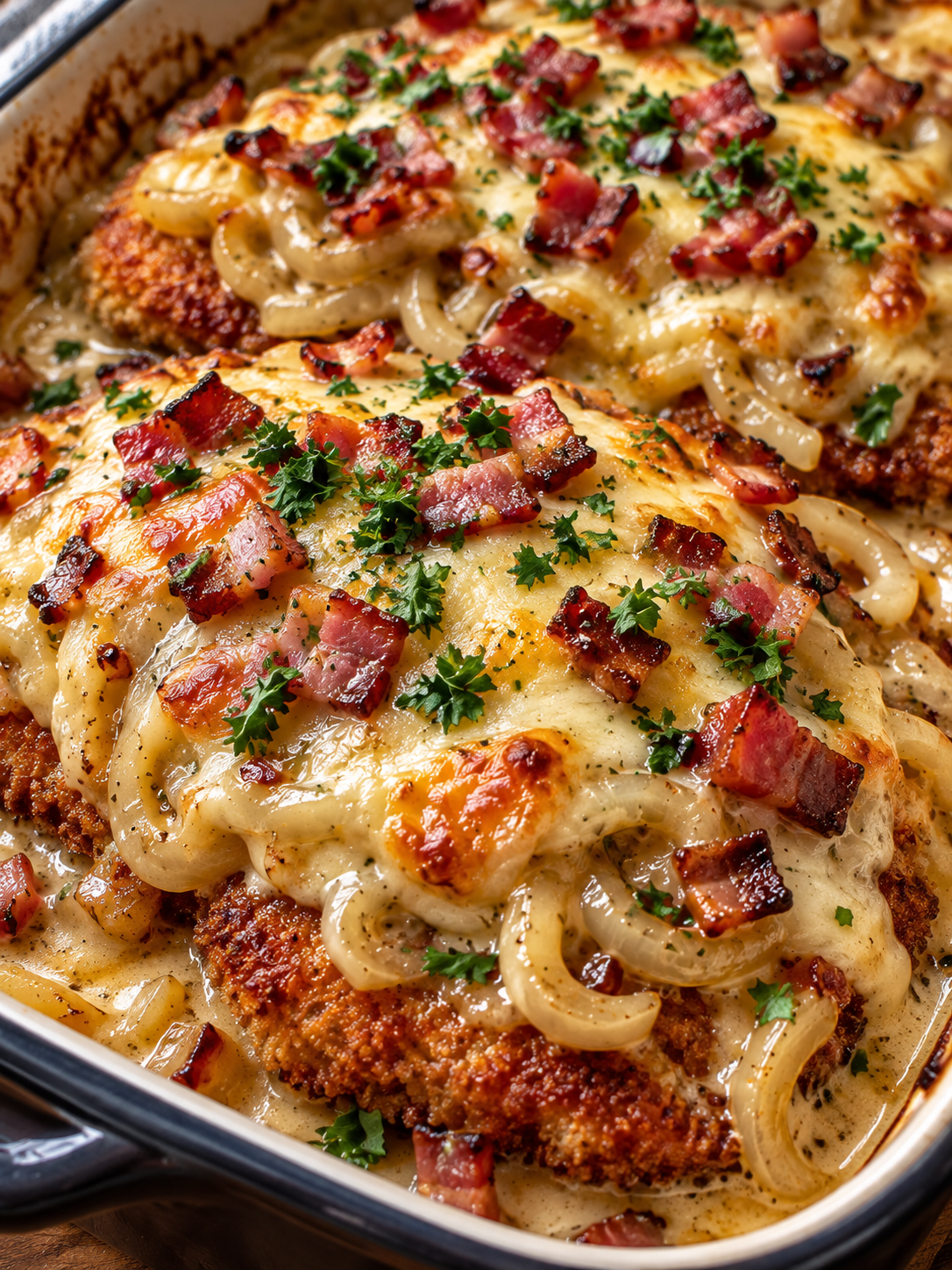 Überbackenes Elsässer Schnitzel mit knuspriger Panade und Speck
