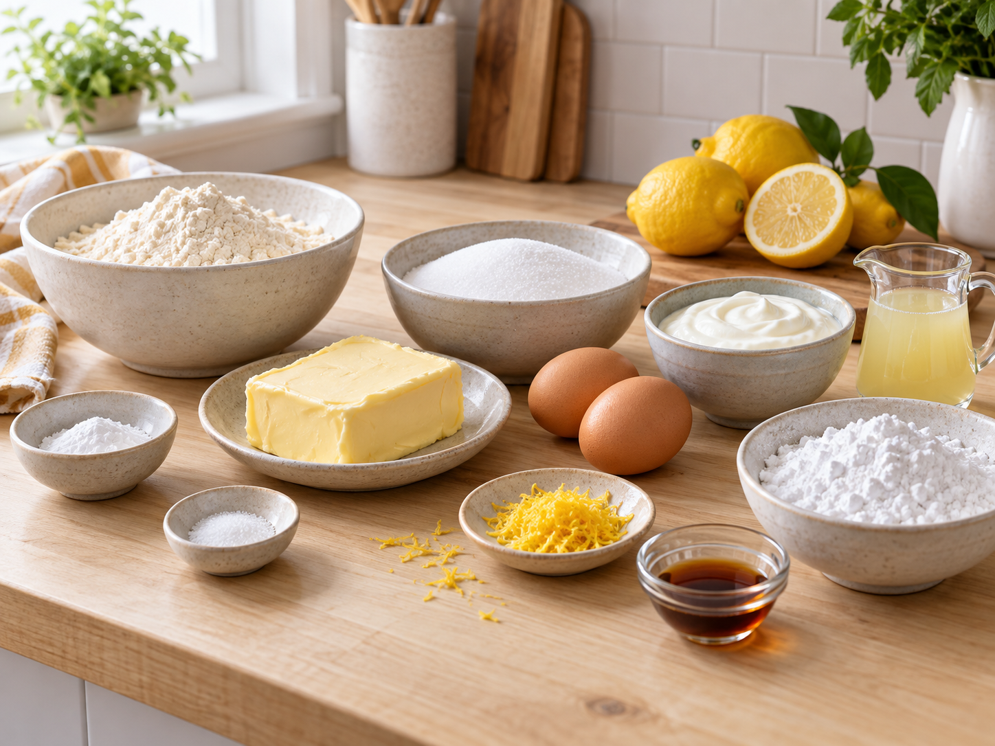 Zutaten für Zitronen-Brownies mit Butter, Eiern, Joghurt und Zitronen