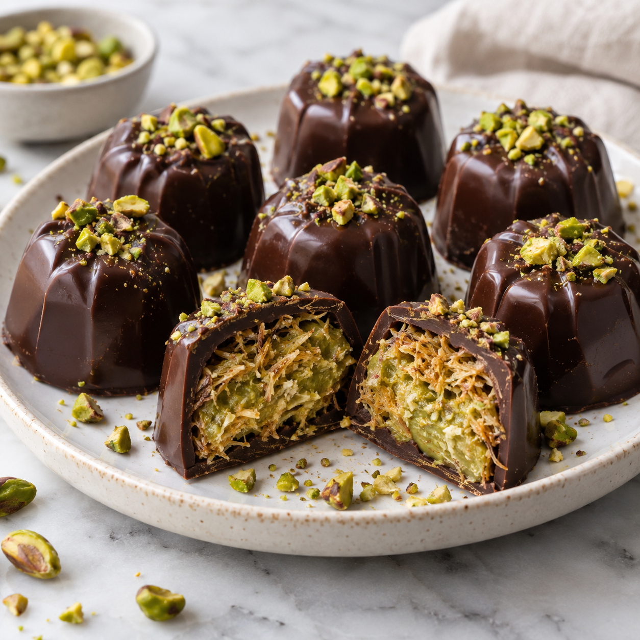 Dubai-Schokolade Pralinen mit grüner Pistazienfüllung und Pistazienstücken