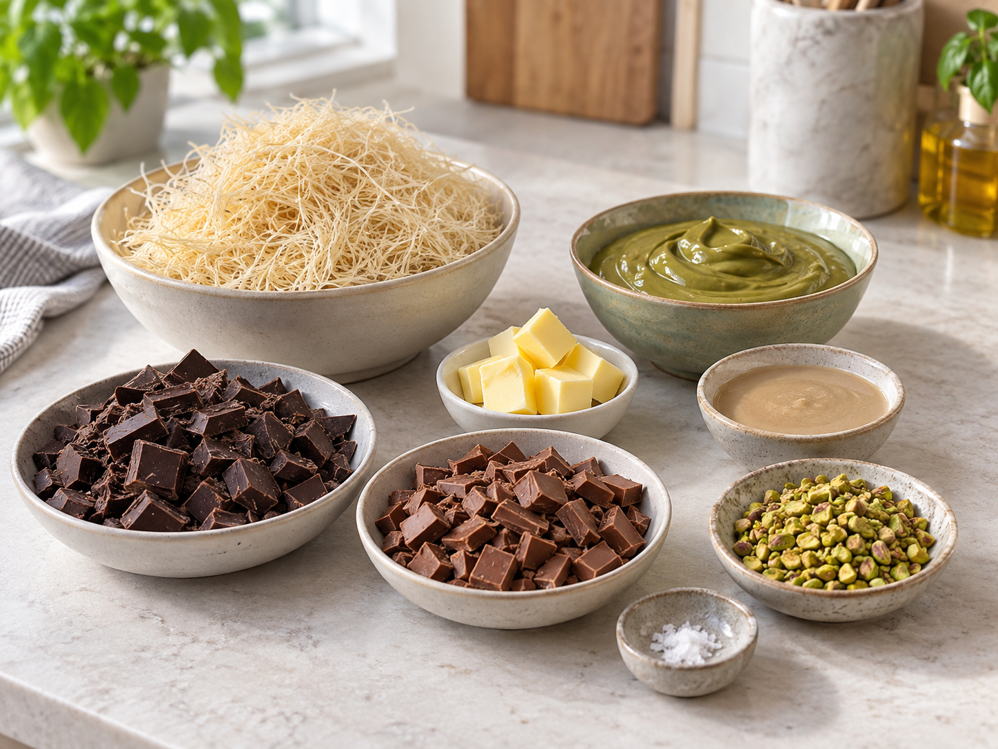 Zutaten für Dubai-Schokolade Pralinen mit Kataifi und Pistaziencreme