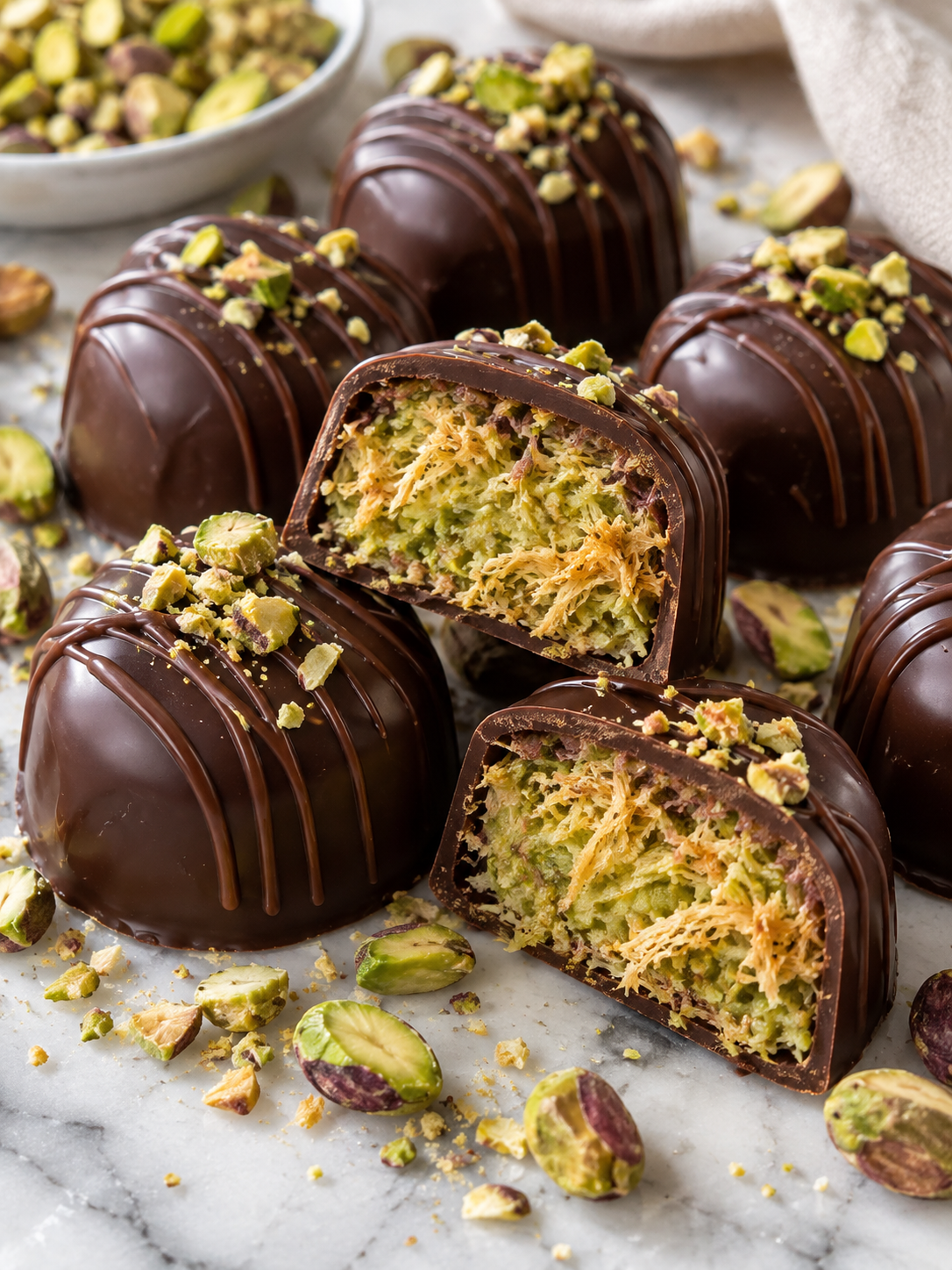 Dubai-Schokolade Pralinen mit knuspriger Pistazien-Kataifi-Füllung