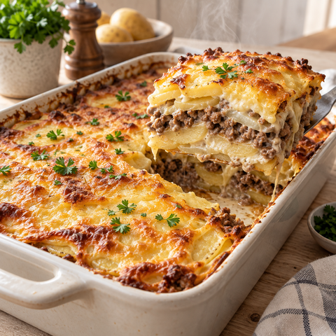 Meat & Potato Casserole mit goldbrauner Käsekruste und Petersilie