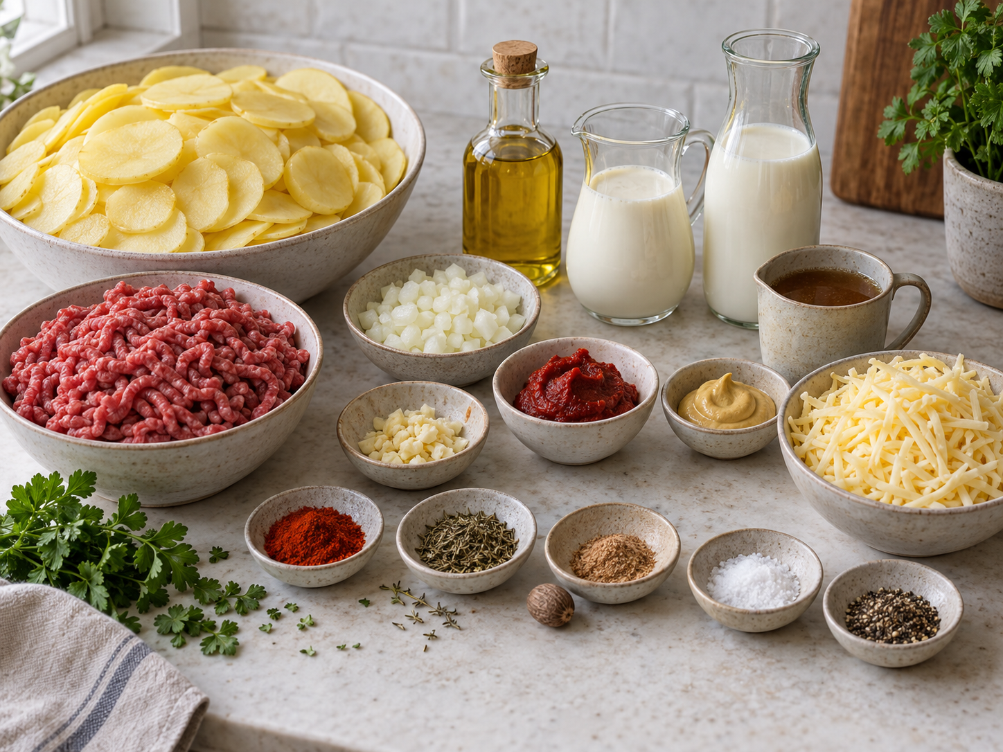 Zutaten für Meat & Potato Casserole mit Kartoffeln, Hackfleisch und Käse