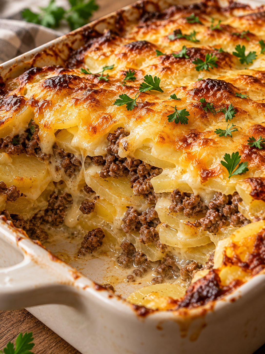 Meat & Potato Casserole mit cremigen Kartoffelschichten und Käsekruste