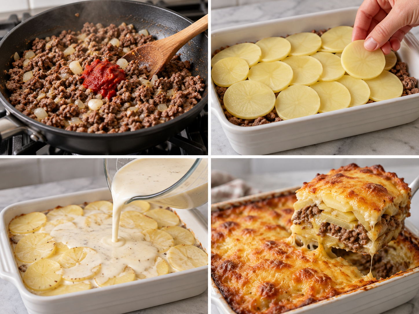 Vier Schritte für Meat & Potato Casserole vom Anbraten bis zum Überbacken