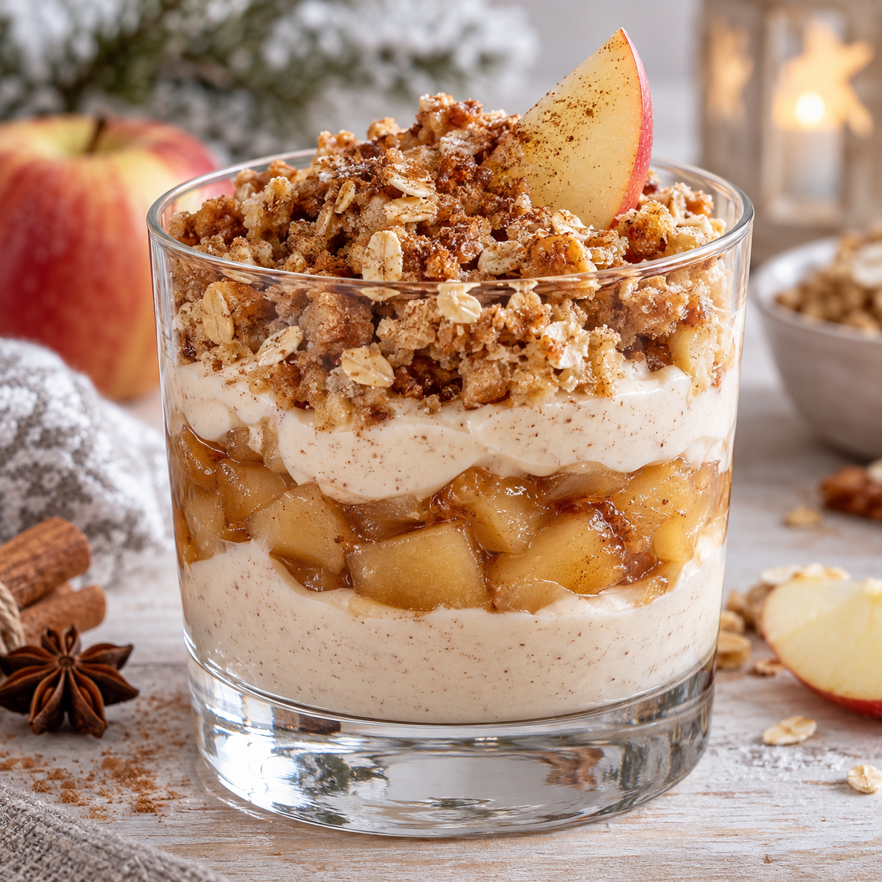 Bratapfel-Crumble auf Zimtcreme mit goldenen Streuseln im Glas