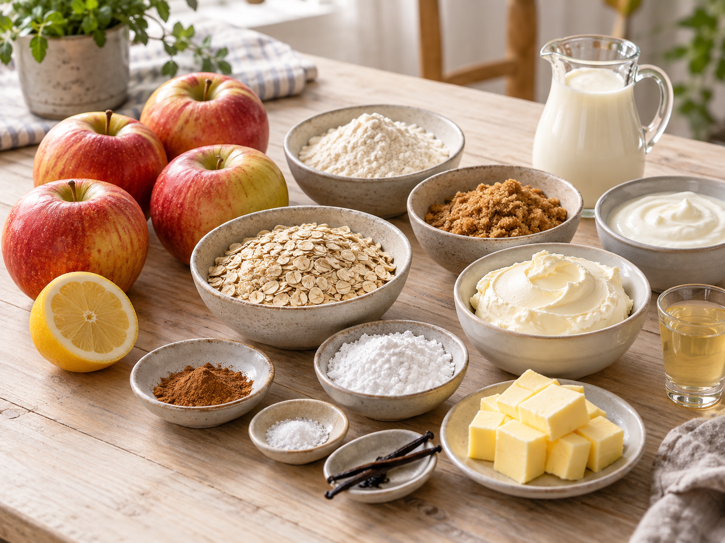 Zutaten für Bratapfel-Crumble mit Zimtcreme auf hellem Holztisch