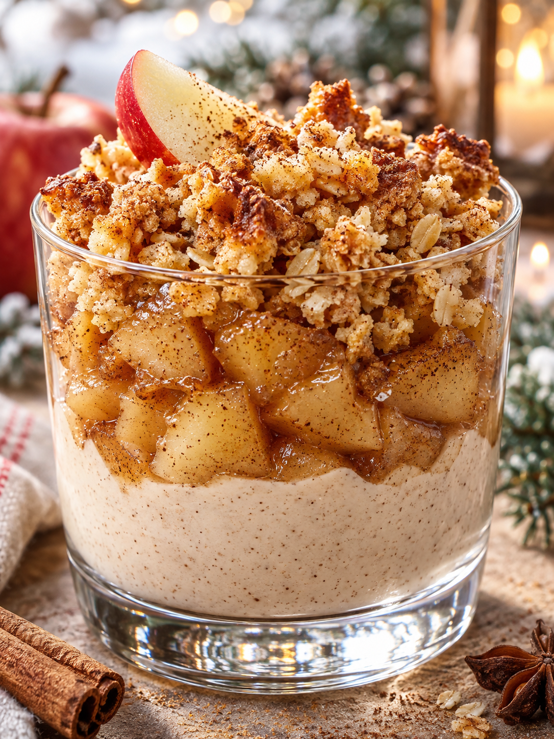 Geschichtetes Bratapfel-Crumble mit Zimtcreme und knusprigen Streuseln