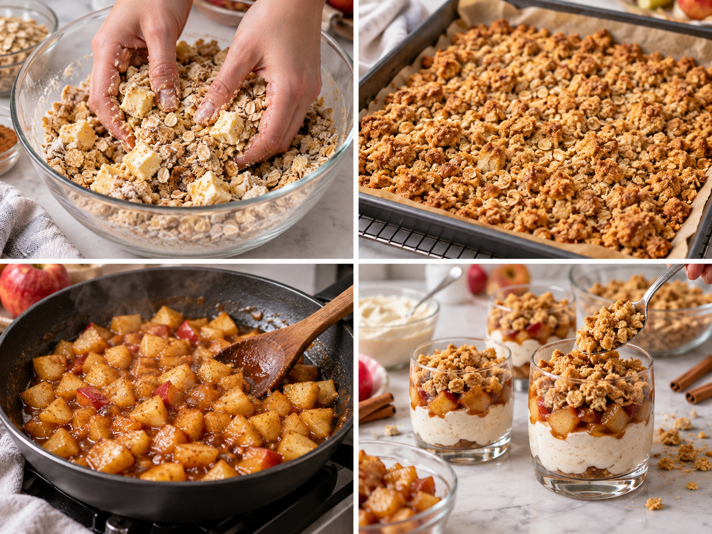 Vier Schritte für Bratapfel-Crumble auf Zimtcreme im Glas