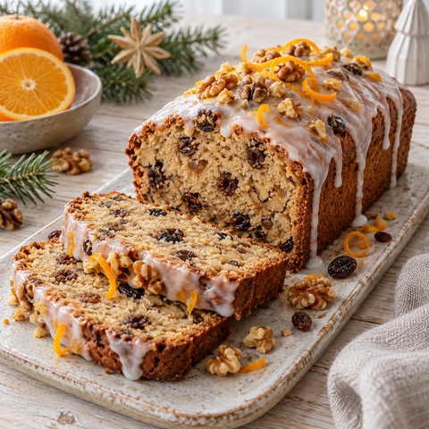 Saftiger Weihnachtskuchen mit Orangenglasur, Rosinen und Walnüssen