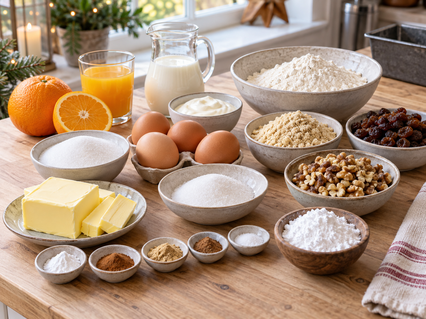 Zutaten für Weihnachtskuchen mit Butter, Orange, Rosinen, Mandeln und Walnüssen