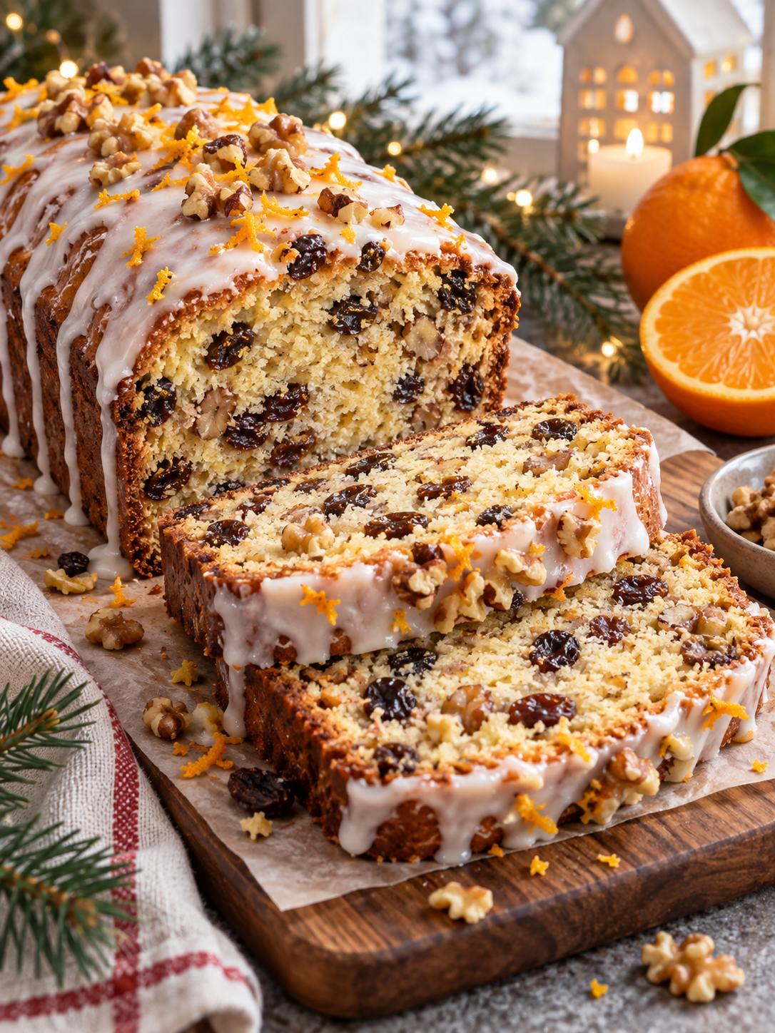 Scheiben von saftigem Weihnachtskuchen mit Rosinen, Walnüssen und Glasur