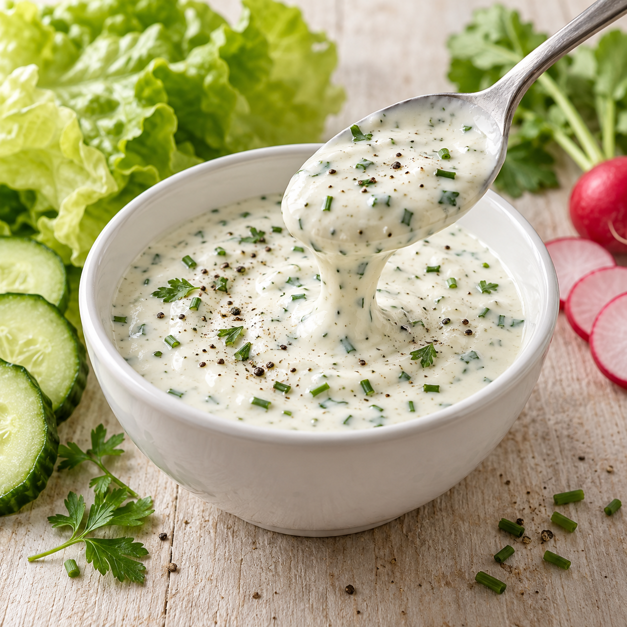 Cremige Salatsoße mit Kräutern in einer weißen Schale