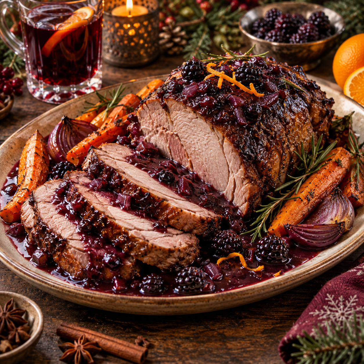 Würziger Glühweinbraten mit Brombeersauce und Wintergemüse