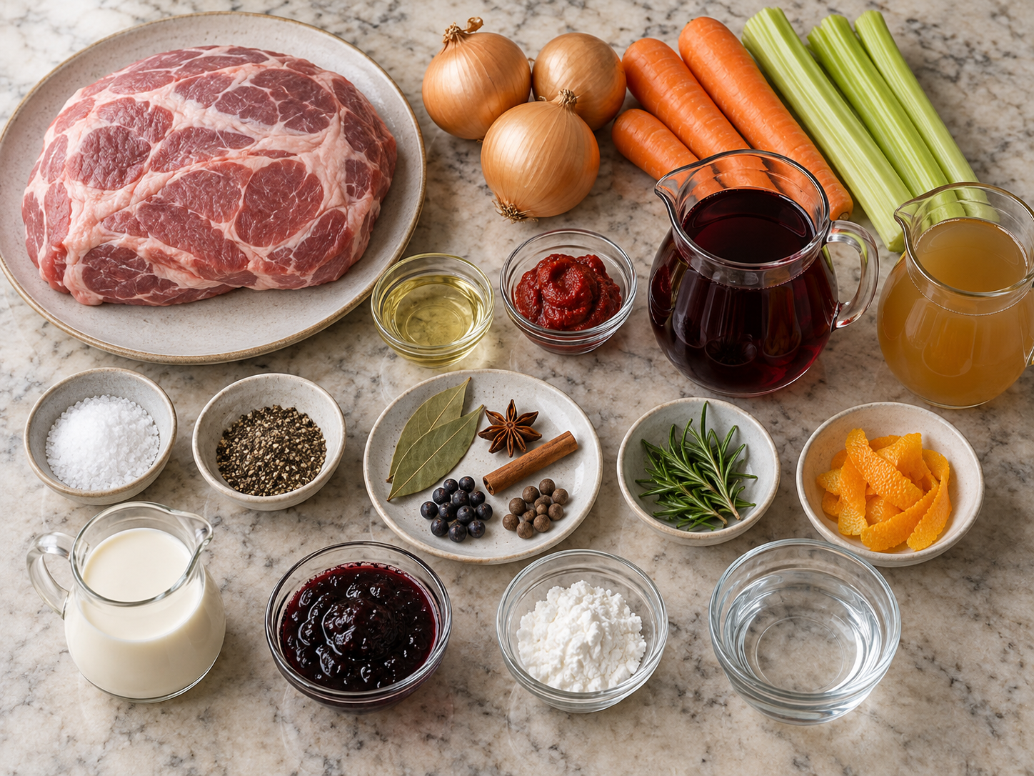 Zutaten für Glühweinbraten mit Schweineschulter, Gemüse und Gewürzen