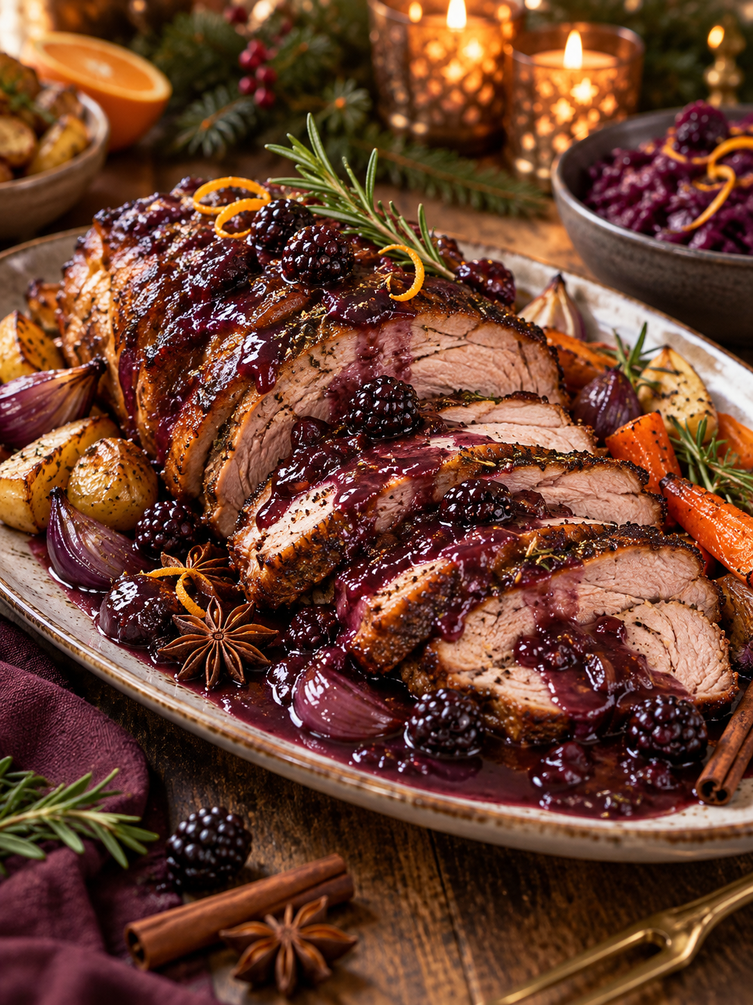 Aufgeschnittener Glühweinbraten mit winterlicher Brombeersauce
