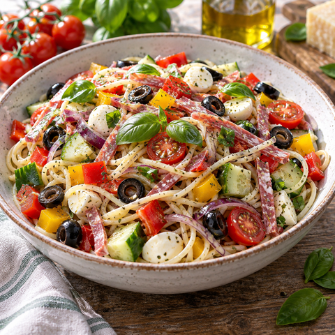 Bunter Spaghetti-Salat mit Gemüse, Mozzarella und Salami