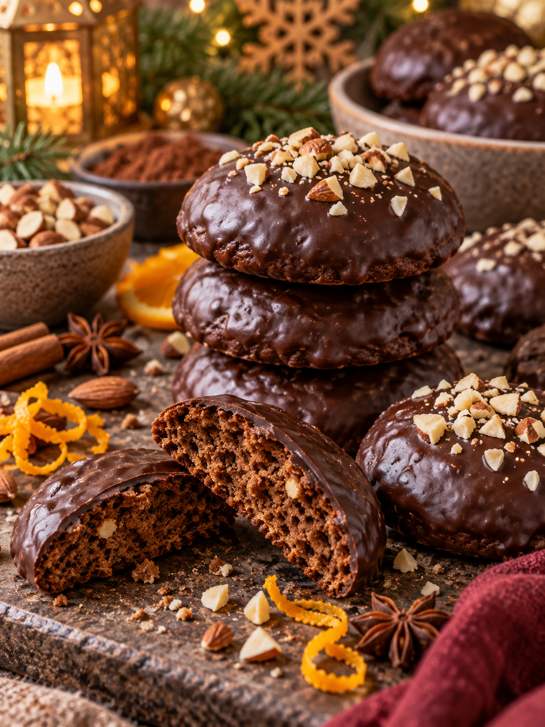 Gestapelte vegane Schokoladen-Lebkuchen mit Mandeln