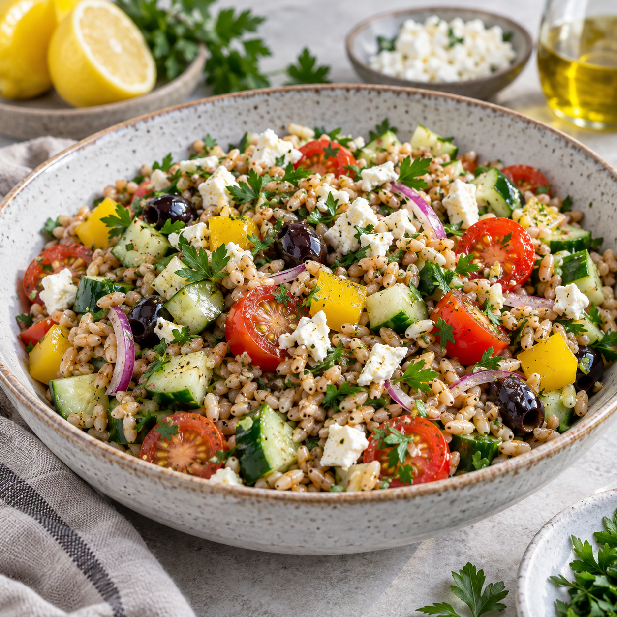 Bunter Dinkelsalat mit Feta, Tomaten, Gurke, Paprika und Oliven