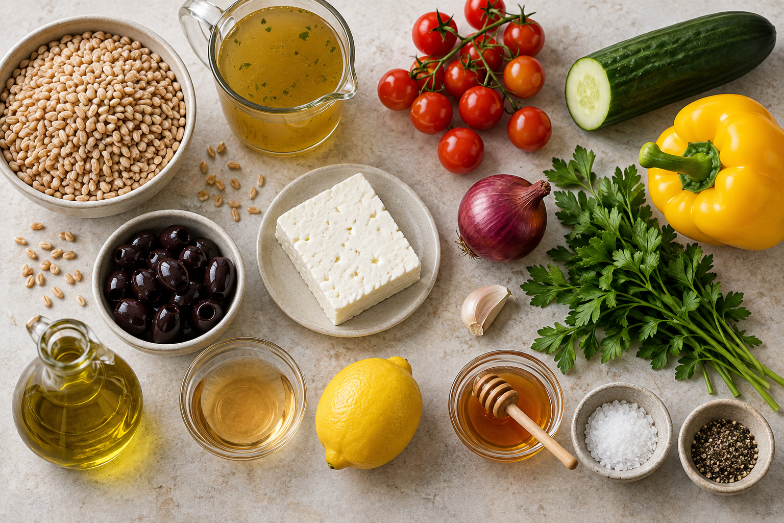 Zutaten für bunten Dinkelsalat mit Gemüse und Feta