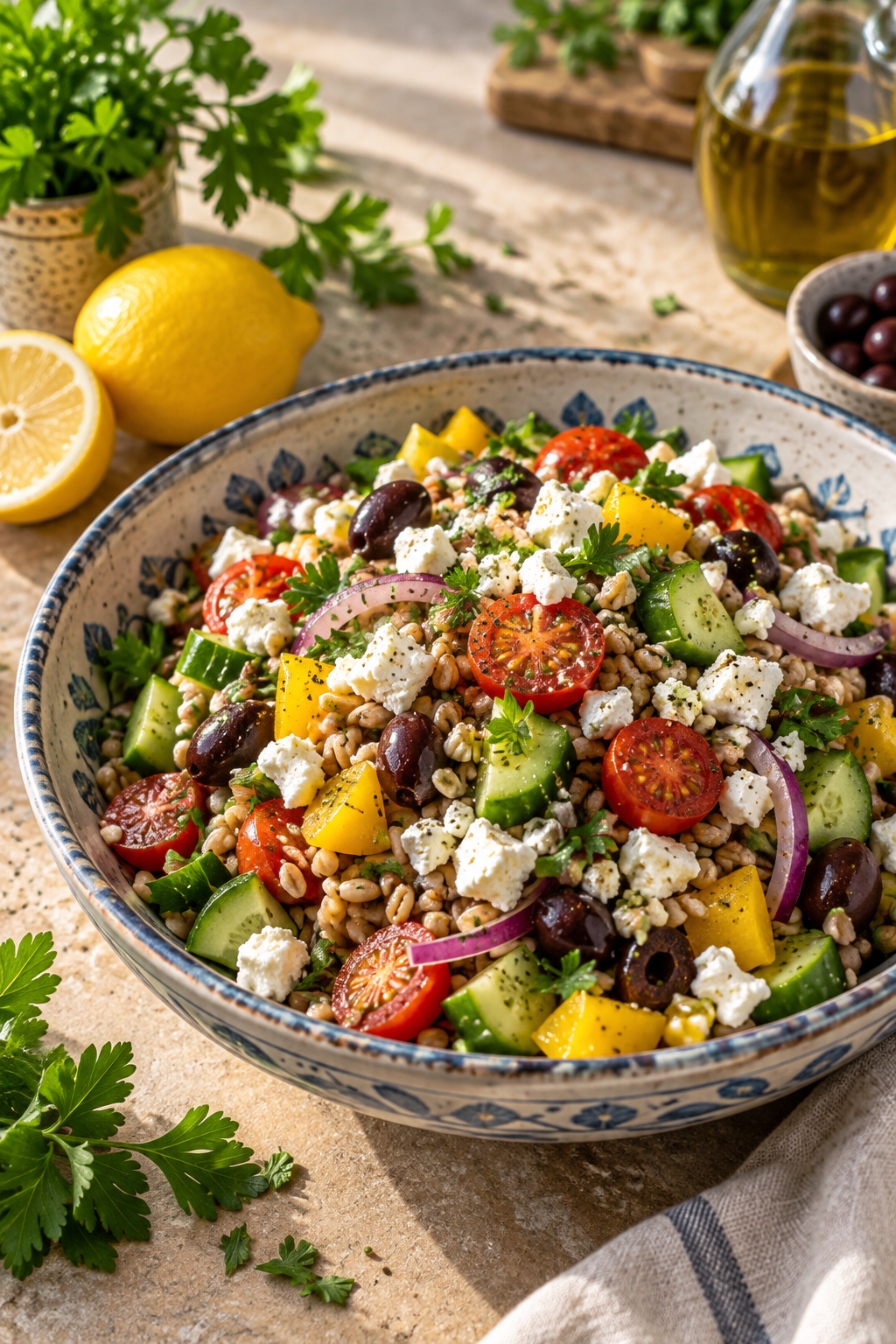 Bunter Dinkelsalat mit Feta und Gemüse im Hochformat