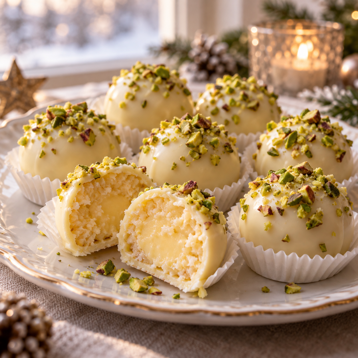 Eierlikör-Pralinen mit weißer Schokolade und Pistazien