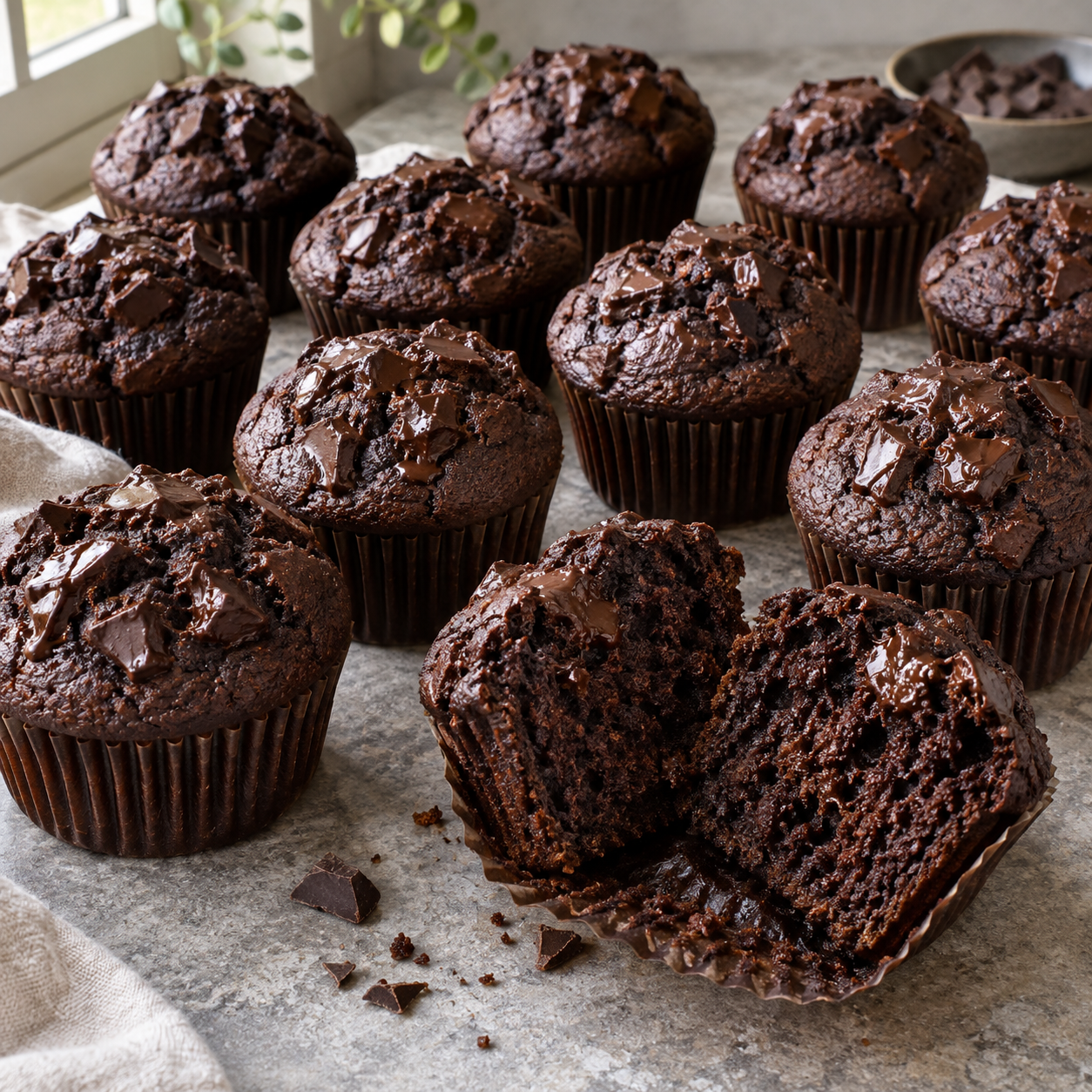 Saftige Schokomuffins mit Öl, Kakao und Schokostücken