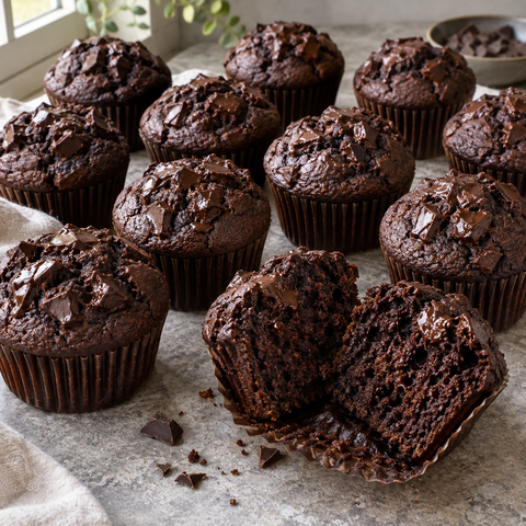 Saftige Schokomuffins mit Öl, Kakao und Schokostücken