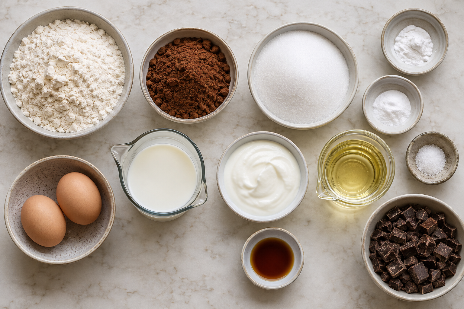 Zutaten für saftige Schokomuffins mit Öl und Kakao