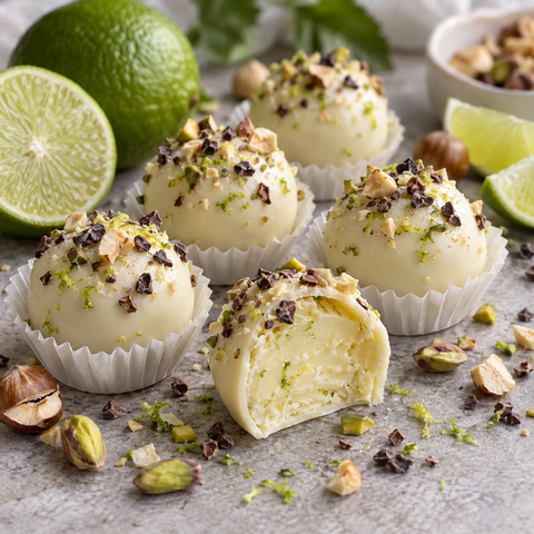 Limettentrüffel mit weißer Schokolade und Nusstopping