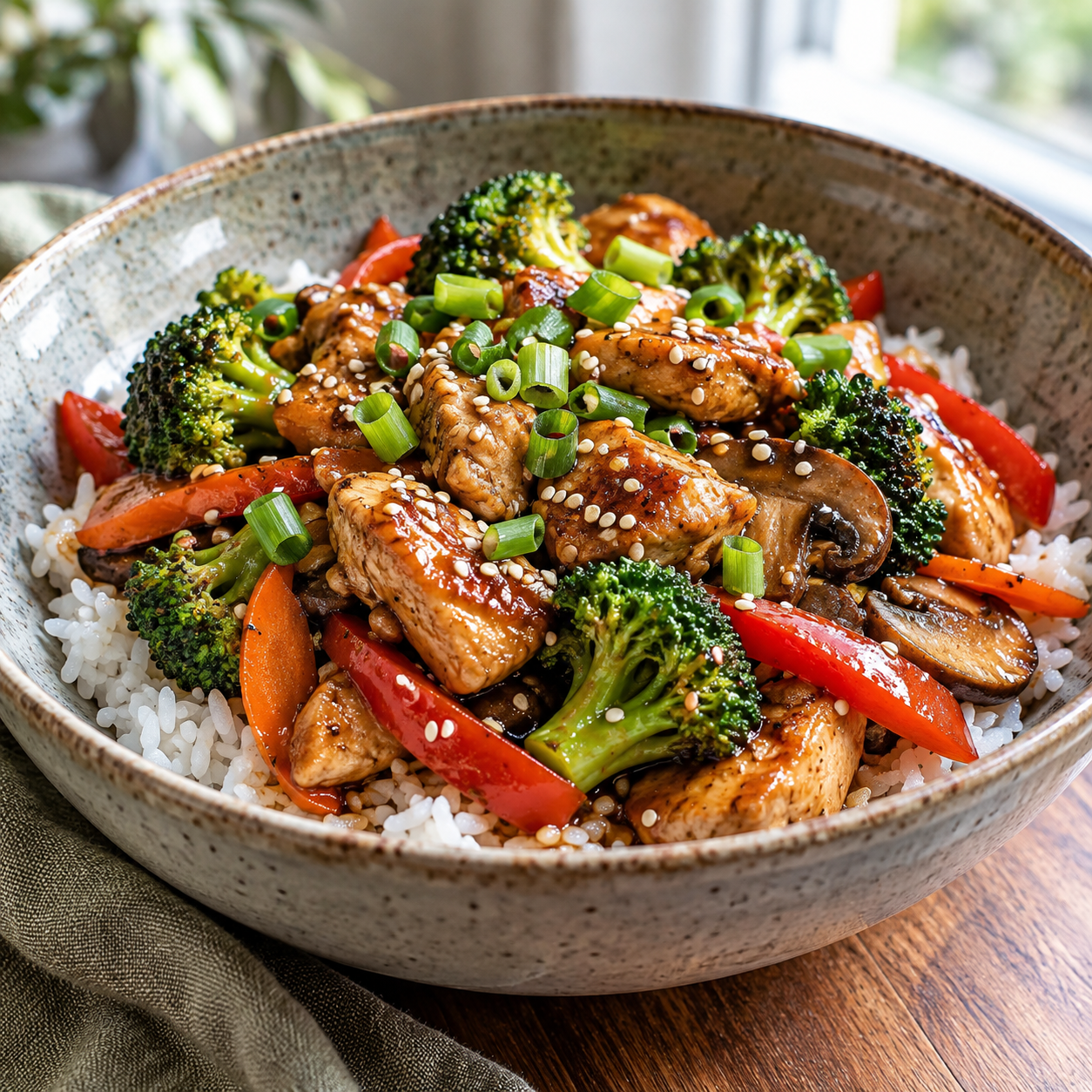 Asia Hähnchenpfanne mit Reis, Brokkoli und Paprika