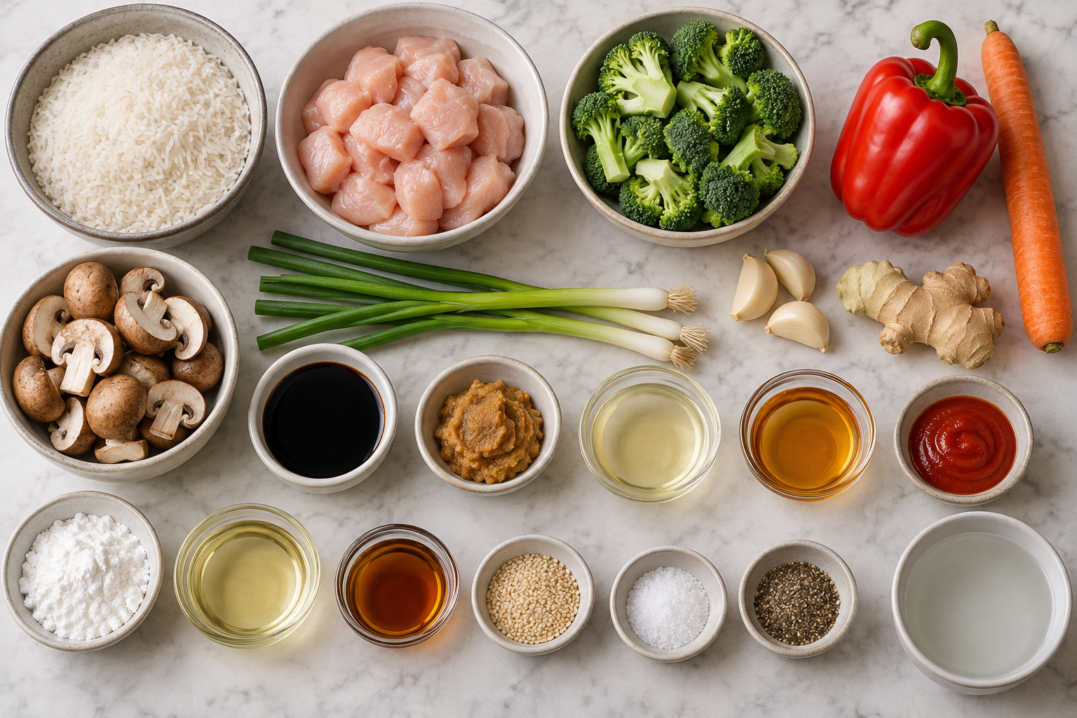 Zutaten für Asia Hähnchenpfanne mit Reis und Gemüse