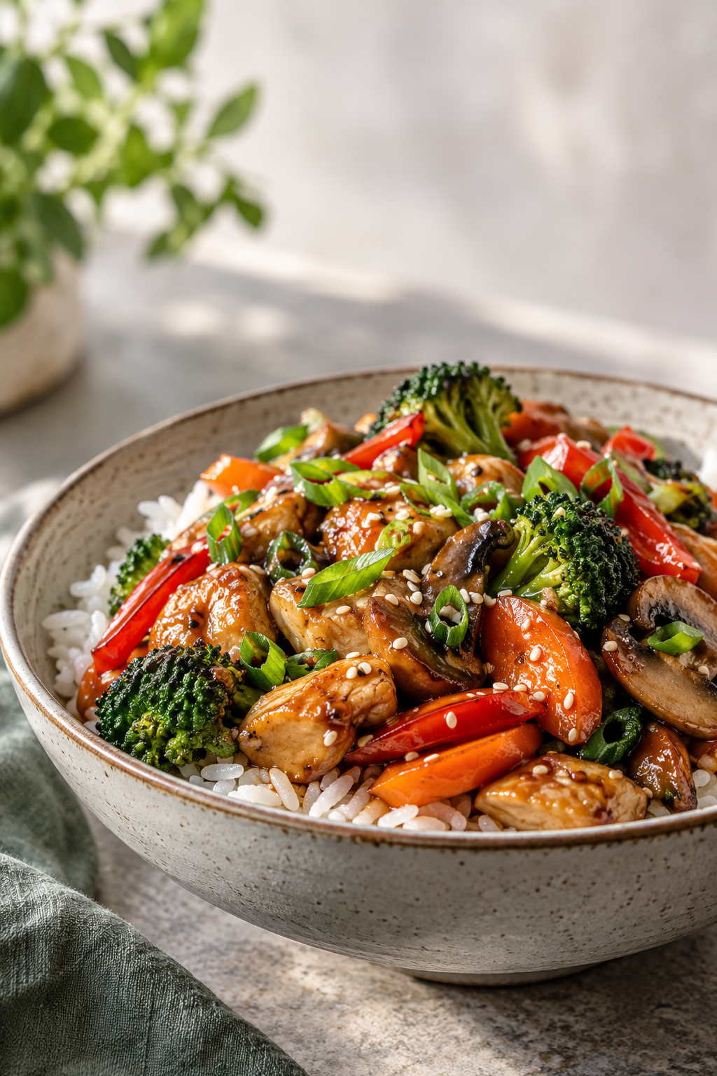 Asia Hähnchenpfanne mit Reis und Gemüse im Hochformat