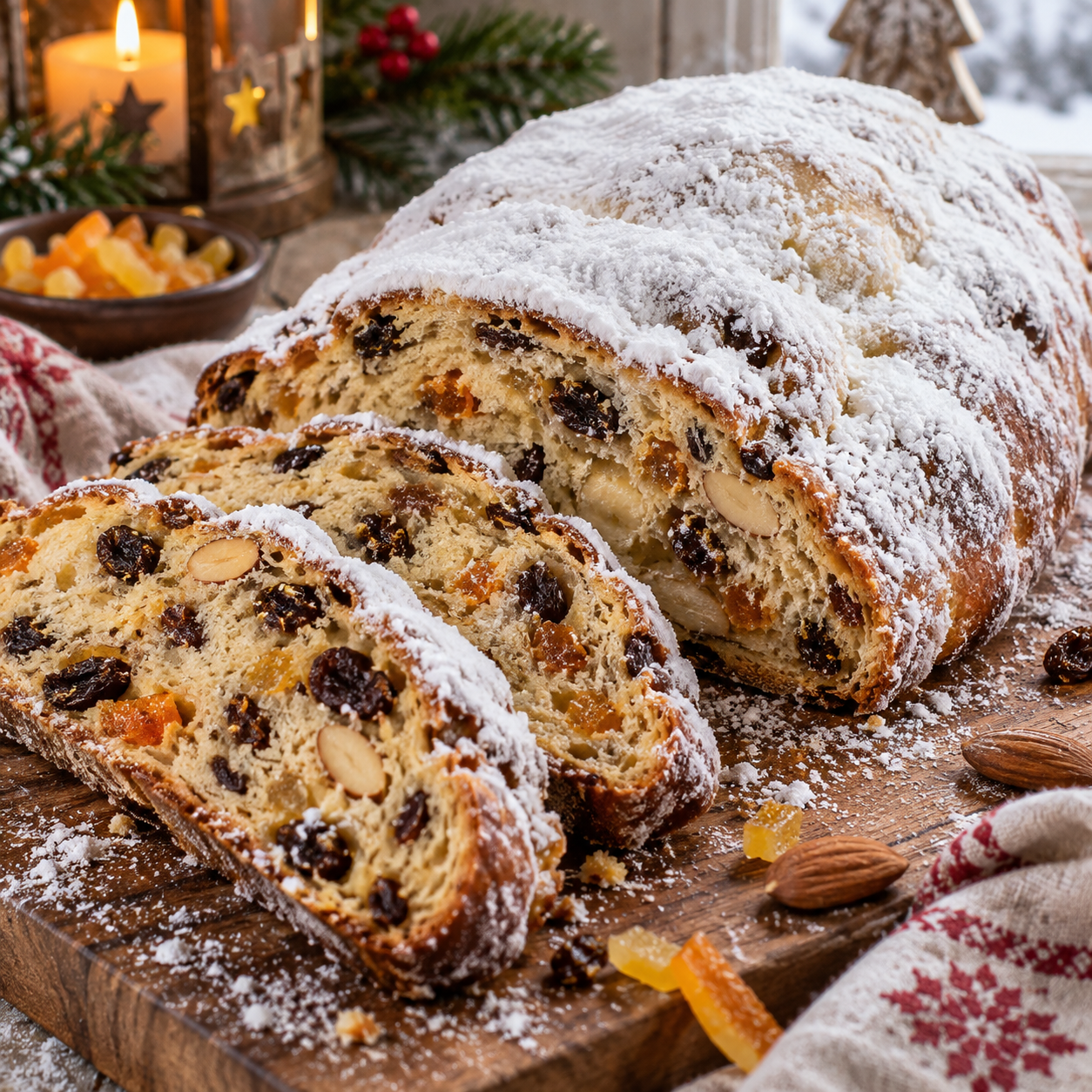 Klassischer Christstollen mit Rosinen, Mandeln und Puderzucker