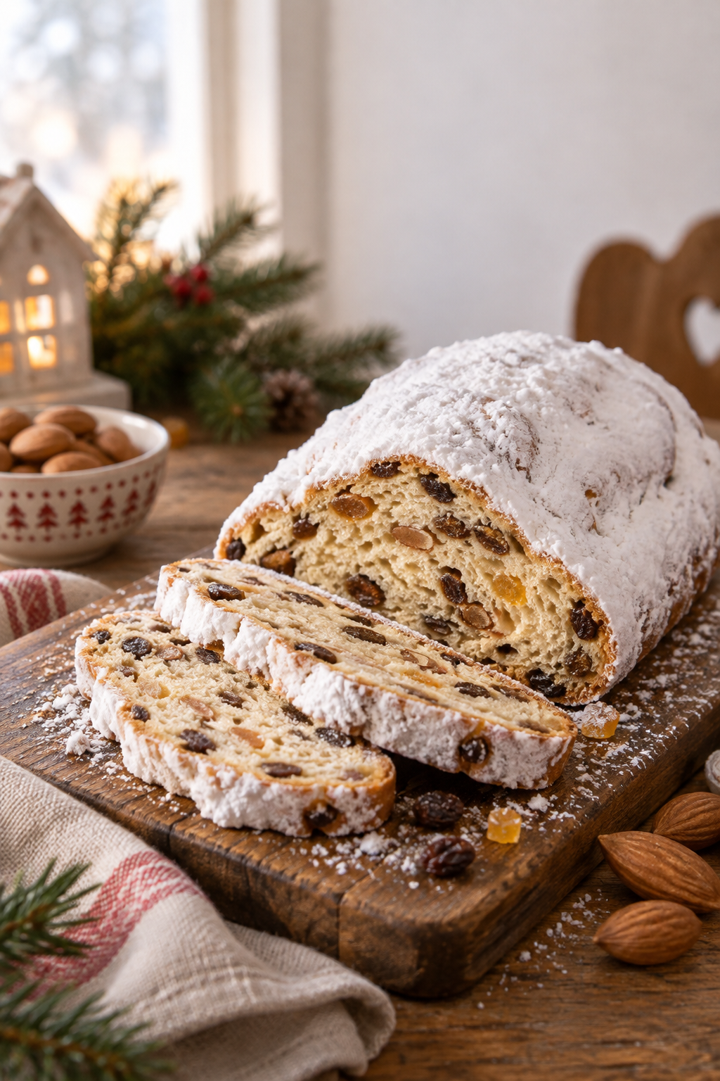 Klassischer Christstollen im Hochformat