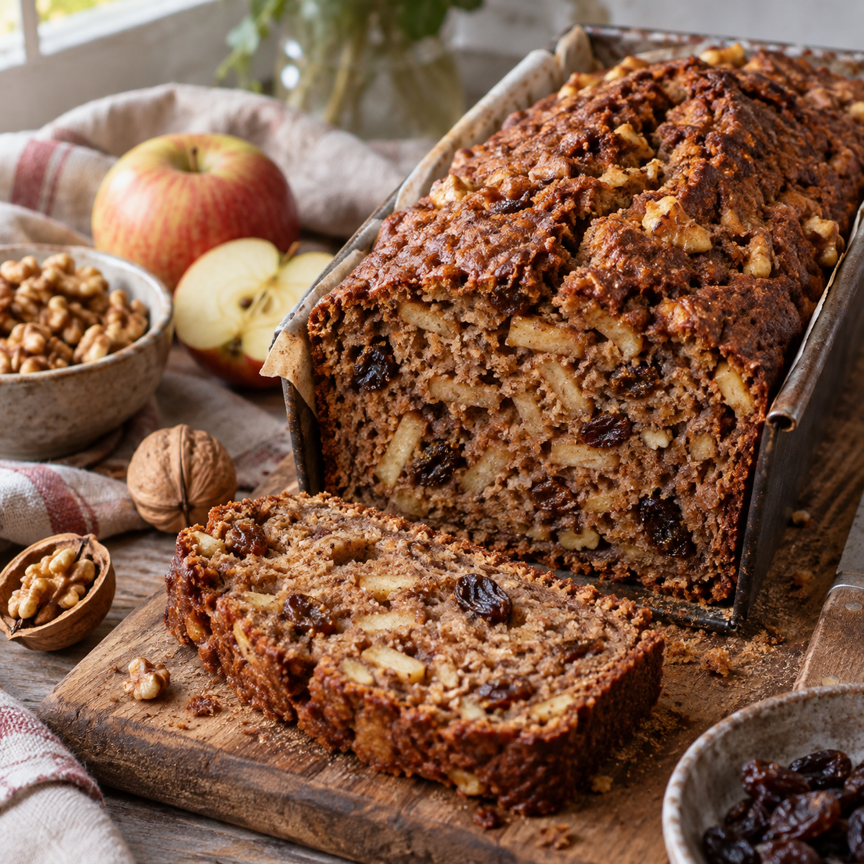 Saftiges Apfel-Nussbrot mit Walnüssen und Rosinen